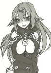  1girl bare_shoulders blush breasts chain elbow_gloves gloves grin humanization kenkou_cross large_breasts long_hair looking_at_viewer monochrome monster_girl_encyclopedia nightmare_(monster_girl_encyclopedia) smile solo 
