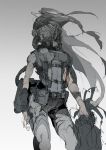  1girl contrapposto demizu_posuka gradient gradient_background harness helmet long_hair looking_at_viewer looking_down mask navel oxygen_tank sketch solo 