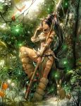  1girl bird black_hair breasts butterfly dark_skin facial_mark flower forehead_mark green_eyes komecchi league_of_legends long_hair nidalee open_mouth polearm ponytail rabbit solo spear standing tree tribal tulip vines weapon 