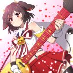  1girl animal_ears bell brown_hair cow_ears electric_guitar fingerless_gloves gloves gradient gradient_background guitar hinnu@ao holmy_(show_by_rock!!) horns instrument looking_at_viewer midriff red_eyes red_skirt ribbon short_hair show_by_rock!! skirt smile solo star starry_background suspenders white_gloves 