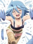  1girl ahoge blue_hair blue_skin blush closed_eyes copyright_name feathered_wings feathers flat_chest happy harpy highres monster_girl monster_musume_no_iru_nichijou open_mouth papi_(monster_musume) short_hair shorts tank_top wings 