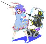  1girl animal_ears blue_hair collarbone commentary_request crescent dress full_body hammer highres machinery mikojin open_mouth rabbit_ears red_eyes seiran_(touhou) short_sleeves simple_background solo star tagme touhou 