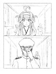  1girl 2koma 5boys admiral_(kantai_collection) ahoge comic commentary darkmaya gloves hat headgear kantai_collection kongou_(kantai_collection) long_hair military military_uniform monochrome multiple_boys naval_uniform nontraditional_miko peaked_cap remodel_(kantai_collection) uniform 