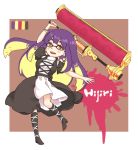  1girl ankle_lace-up arm_up black_dress blonde_hair boots character_name cross-laced_footwear domino_mask dress hijiri_byakuren knee_boots layered_dress long_hair mask mayoln multicolored_hair open_mouth paint_roller puffy_sleeves purple_hair smile solo splatoon touhou two-tone_hair very_long_hair white_dress yellow_eyes 
