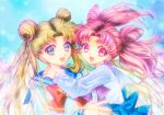  2girls bishoujo_senshi_sailor_moon blonde_hair blue_background blue_eyes bow chibi_usa double_bun heart long_hair looking_at_viewer multiple_girls pink_bow pink_eyes pink_hair red_bow school_uniform serafuku short_hair smile tsukasaki_ryouko tsukino_usagi twintails upper_body 