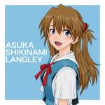  1girl blue_background blue_dress blue_eyes brown_hair character_name dbqp dress hair_ornament long_hair looking_at_viewer neckerchief neon_genesis_evangelion open_mouth school_uniform shikinami_asuka_langley shirt smile souryuu_asuka_langley two_side_up upper_body 