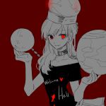  1girl chain collar globe grin hat heart hecatia_lapislazuli long_hair looking_at_viewer monochrome nr_(cmnrr) red_background red_eyes shirt sketch skirt smile solo spot_color touhou upper_body 