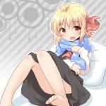  1girl :d bare_legs barefoot blonde_hair fang natsu_no_koucha open_mouth pillow red_eyes rumia scarf shirt short_hair skirt smile touhou vest 