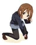  1girl adjusting_clothes adjusting_legwear brown_eyes brown_hair hair_ornament hairclip hirasawa_yui ixy k-on! kneeling looking_at_viewer pantyhose school_uniform simple_background skirt smile solo white_background 