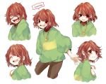  :d androgynous blush_stickers brown_hair chara_(undertale) character_sheet crazy_eyes english expressions heart heart_necklace koyashaka59 open_mouth red_eyes shirt smile solo spoilers striped striped_shirt tagme undertale white_background 