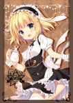  1girl animal_ears apron black_dress blonde_hair cup dress frame futaba_miwa gochuumon_wa_usagi_desu_ka? grey_eyes hairband kirima_sharo lolita_hairband looking_at_viewer open_mouth puffy_short_sleeves puffy_sleeves rabbit_ears shirt short_sleeves smile solo star teacup thigh-highs thighs waist_apron waitress white_legwear wrist_cuffs 