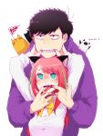  1boy 1girl 2016 animal_ears black_hair blush cat cat_ears cheek_pull hashimoto_nyaa highres hoodie jitome matsuno_ichimatsu messy_hair mouth_pull multicolored_hair osomatsu-kun osomatsu-san pink_hair sharp_teeth streaked_hair tears tongue_grab uriyou 