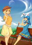  2girls :o ambiguous_red_liquid animal_ears bench blonde_hair blouse blue_dress blue_hair blush breasts bunny_tail cabbie_hat crescent dress ear_clip groin hand_on_own_chest hat highres hips kine long_hair looking_at_viewer mallet midriff moon multiple_girls navel open_mouth outdoors rabbit_ears red_eyes ringo_(touhou) seiran_(touhou) short_hair shorts sitting sitting_on_bench sky stain star tail toned touhou violet_eyes waving yanagi_638 