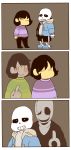  2boys 3koma =_= androgynous blush_stickers chara_(undertale) comic frisk_(undertale) highres hoodie mamaito middle_finger multiple_boys red_eyes sans shirt silent_comic skeleton striped striped_shirt undertale w.d._gaster 