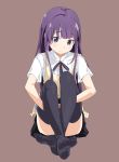  1girl apron convenient_leg hands_under_legs ixy long_hair looking_at_viewer purple_hair simple_background skirt solo thigh-highs waitress working!! yamada_aoi 