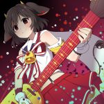  1girl animal_ears bell brown_hair cow_ears electric_guitar empty_eyes fingerless_gloves gloves gradient gradient_background guitar hinnu@ao holmy_(show_by_rock!!) horns instrument looking_at_viewer midriff red_eyes red_skirt ribbon short_hair show_by_rock!! skirt smile solo star starry_background suspenders white_gloves 