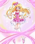 1girl :d aitaso asahina_mirai blonde_hair boots bow brooch cure_miracle full_body gloves hair_bow half_updo jewelry knee_boots long_hair looking_at_viewer magical_girl mahou_girls_precure! mini_witch_hat open_mouth pink_bow pink_hat pink_skirt ponytail precure red_bow skirt smile solo sparkle standing violet_eyes white_boots white_gloves 