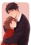  1boy 1girl bangs black_eyes black_hair blush brown_eyes brown_hair chiaki_shin&#039;ichi closed_mouth collared_shirt couple hand_on_another&#039;s_head height_difference hetero hug long_sleeves looking_at_another looking_at_viewer noda_megumi nodame_cantabile parted_lips rounded_corners sawao_(kenban2) shirt short_hair sweater turtleneck upper_body white_shirt 