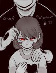  1boy androgynous brown_hair chara_(undertale) evil_smile hand_on_another&#039;s_shoulder hands_on_another&#039;s_head heart-shaped_hole highres looking_at_viewer mamaito red_eyes shirt smile striped striped_shirt translated undertale w.d._gaster wingdings 