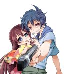  1boy 1girl blue_eyes blue_hair grin heart heart_hands hoodie long_hair marker nakuru_796 red_eyes redhead shounen_shoujo smile 