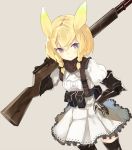  1girl animal_ears armor belt belt_pouch blonde_hair braid cowboy_shot dress elbow_gauntlets fox_ears frills from_above gauntlets grey_background gun hand_on_hip looking_at_viewer mazonano original over_shoulder puffy_sleeves rifle short_hair simple_background solo tagme thigh-highs twin_braids violet_eyes weapon white_dress 