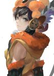  1girl bangs brown_eyes brown_hair character_request closed_mouth fur_trim gloves headdress highres hunter.g looking_at_viewer looking_back monster_hunter monster_hunter_x pom_pom_(clothes) short_hair simple_background solo upper_body white_background 