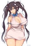  1girl artist_name black_hair blue_eyes blush breasts covered_nipples dress dungeon_ni_deai_wo_motomeru_no_wa_machigatteiru_darou_ka gloves hair_ornament hair_ribbon hestia_(danmachi) highres large_breasts long_hair looking_at_viewer mukka open_mouth rei_no_himo ribbon simple_background smile solo twintails twitter_username white_dress white_gloves 