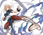  1girl absurdres azuki_(azuki-taste) blonde_hair bun_cover china_dress chinese_clothes chun-li chun-li_(cosplay) cosplay djeeta_(granblue_fantasy) double_bun eyeshadow granblue_fantasy highres kicking makeup pantyhose pelvic_curtain short_hair street_fighter 