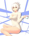  1girl alternate_costume bare_legs breasts casual cleavage_cutout folded_ponytail hair_between_eyes highres large_breasts league_of_legends open-chest_sweater red_eyes ribbed_sweater riven_(league_of_legends) ryu_seung sitting smile solo sweater white_hair 
