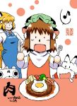  2girls animal_ears animalization apron artist_self-insert azuki_osamitsu blonde_hair brown_hair cat_ears chen dated dress earrings food food_request fork fox_ears fox_tail green_hat hair_tubes hakurei_reimu hand_on_hip handkerchief happy highres holding_fork holding_knife jewelry knife multiple_girls multiple_tails open_mouth polka_dot polka_dot_background red_dress short_hair signature sleeves_rolled_up smile solid_circle_eyes tabard tail touhou white_background white_dress yakumo_ran 