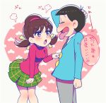  1boy 1girl amatory12 black_hair blush bowl_cut brown_eyes brown_hair closed_eyes formal green_skirt hair_ribbon hairband heart matsuno_osomatsu open_mouth osomatsu-kun osomatsu-san plaid plaid_skirt poking ribbon short_twintails skirt smile suit tongue tongue_out translation_request turtleneck twintails yowai_totoko 