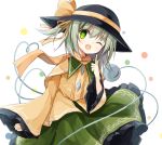  1girl bow fang green_eyes hat hat_bow komeiji_koishi long_sleeves looking_at_viewer one_eye_closed one_side_up open_mouth shirt silver_hair skirt smile solo third_eye touhou wide_sleeves yuuhagi_(amaretto-no-natsu) 