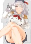  1girl beret breasts commentary_request crossed_legs epaulettes gloves grey_eyes hat kantai_collection kashima_(kantai_collection) large_breasts looking_at_viewer military military_uniform miniskirt schizanthus_(artist) silver_hair sitting skirt solo translated twintails uniform white_gloves 