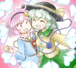  2girls green_hair hat komeiji_koishi komeiji_satori multiple_girls nitamago one_eye_closed pink_eyes pink_hair short_hair siblings sisters smile third_eye touhou 