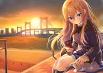  1girl blonde_hair blue_eyes blush bridge cat cellphone heirou long_hair original phone smartphone smile solo sunset 