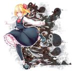  1girl blonde_hair frilled_skirt frills furim hair_ribbon highres outstretched_arms red_eyes ribbon rumia shirt short_hair skirt smile spread_arms touhou vest 