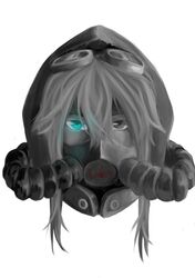  1girl artist_name blue_eyes fanom gas_mask girl glasses_on_head glowing glowing_eye grey_eyes grey_hair highres hood hose looking_at_viewer mask original pale_skin post-apocalypse white_background 