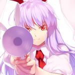 1girl aiming_at_viewer animal_ears face kaiza_(rider000) lavender_hair long_hair looking_at_viewer lunatic_gun necktie puffy_sleeves rabbit_ears red_eyes reisen_udongein_inaba shirt short_sleeves simple_background smile solo touhou white_background 