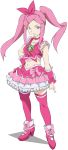 1girl anemone_(eureka_seven) arm_warmers blue_eyes bow choker cosplay cure_melody cure_melody_(cosplay) eureka_seven eureka_seven_(series) frilled_skirt frills full_body hair_ornament hairclip hand_on_hip heart highres long_hair magical_girl midriff pink_bow pink_hair pink_legwear pink_shoes pink_skirt precure shoes skirt solo standing suite_precure thigh-highs twintails umanosuke white_background 