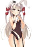 1girl adapted_costume amatsukaze_(kantai_collection) animal_ears bare_shoulders breasts brown_eyes bunnysuit fake_animal_ears garter_straps gloves hair_tubes hairband kankitsunabe_(citrus) kantai_collection leotard long_hair rabbit_ears silver_hair solo two_side_up windsock 