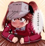  1girl blush brown_hair commentary_request desk kantai_collection magatama red_eyes ryuujou_(kantai_collection) solo translated twintails visor_cap wavy_mouth yukinojou_yakan 