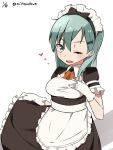  1girl alternate_costume apron aqua_eyes aqua_hair blush breasts brown_skirt check_commentary commentary_request detached_collar enmaided frills gloves hair_between_eyes hair_ornament hairclip hand_on_own_chest heart highres kantai_collection long_hair long_skirt looking_at_viewer maid maid_apron maid_headdress mitsudoue one_eye_closed open_mouth short_sleeves skirt skirt_hold solo suzuya_(kantai_collection) twitter_username underbust waist_apron white_background white_gloves 