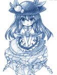 1girl blush chibi food fruit hat hinanawi_tenshi keystone long_hair long_skirt monochrome open_mouth peach skirt solo touhou yuran_(kuen-hien)