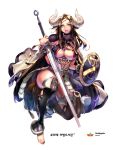  1girl animal_ears barefoot black_legwear breasts brown_eyes brown_hair cape cleavage cow_ears cow_horns full_body holding_sword holding_weapon horns imp_(sksalfl132) long_hair looking_at_viewer navel open_mouth qurare_magic_library shield simple_background solo sword teeth thigh-highs weapon white_background 
