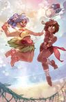  2girls ajna_(indivisible) ankle_flower ankle_wraps anklet ball barefoot beach beads blue_hair brown_hair commentary dark_skin grass_skirt highres indivisible jewelry lapres leilani multiple_girls roti_(indivisible) strapless tapir tubetop volleyball 