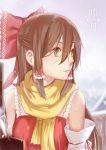  1girl ascot bare_shoulders bow brown_eyes brown_hair detached_sleeves dress face hair_bow hair_tubes hakurei_reimu highres red_dress scarf shoutai_(7490773) solo touhou upper_body 