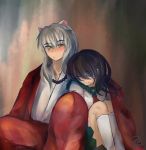  1boy 1girl 2015 animal_ears aying-h black_hair blush closed_eyes dated dog_ears hair_between_eyes hetero higurashi_kagome inuyasha inuyasha_(character) jewelry kneehighs leaning_on_person long_hair necklace pearl_necklace shared_clothes signature silver_hair sitting smile white_legwear yellow_eyes 