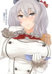  1girl beret breast_lift breasts clipboard commentary epaulettes gloves grey_eyes hat kantai_collection kashima_(kantai_collection) large_breasts looking_at_viewer military military_uniform schizanthus_(artist) silver_hair solo translated twintails uniform white_gloves 
