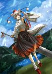  1girl animal_ears bandages blush breasts detached_sleeves futagojima geta hat huge_weapon inubashiri_momiji looking_at_viewer mountain nature open_mouth pom_pom_(clothes) red_eyes shield short_hair silver_hair skirt solo sword tail tokin_hat touhou water weapon wolf_ears wolf_tail 