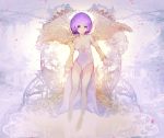  1girl ajahweea angel_wings breasts cleavage detached_sleeves looking_at_viewer original purple_hair short_hair solo thigh-highs violet_eyes white_legwear wings 